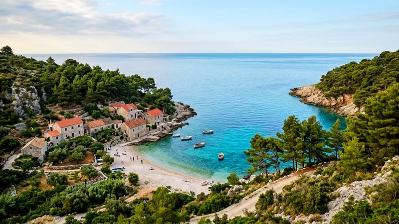 Dubovica cove with pebble beach, turquoise water and stone house among pines