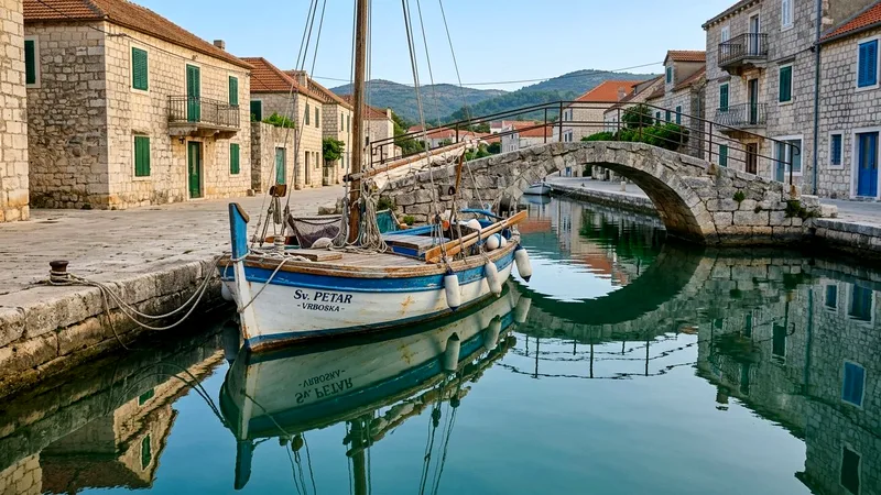 Traditional wooden fishing boat moored in Vrboska's canal near a stone bridge