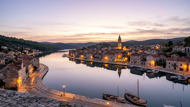Stari Grad waterfront and church tower reflected in the calm bay at dusk